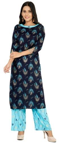 Boat Neck Kurti Palazzo Set, Color : Navy Blue