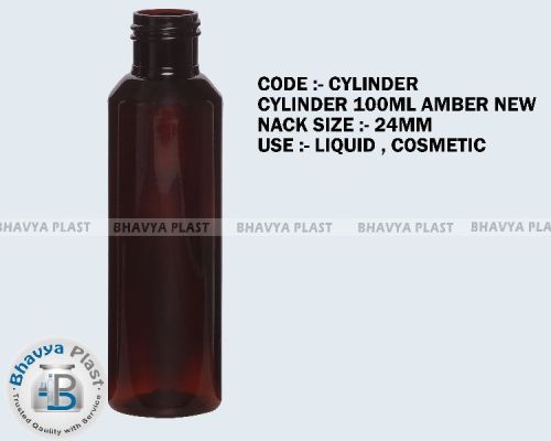 PET Cylinder 100ml Amber Bottle, For Lotions, Cosmetic Oils, Face Wash, Feature : Shiny Look