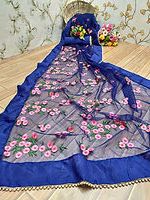 Embroidered Blue Net Saree, Saree Length : 6.3 Meter