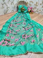 Embroidered Green Net Saree, Saree Length : 6.3 Meter