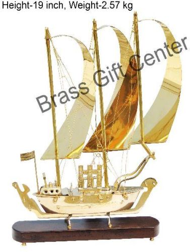 Brass Table Decor Showpiece Ship With Wooden Base - 13.5*3*19 Inch (MR129 C)