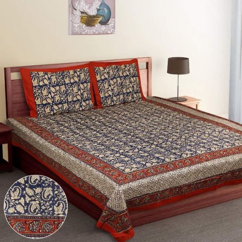 Block Kalamkari Double Bed Sheets, For Home, Hotel, Lodge, Size : Standard