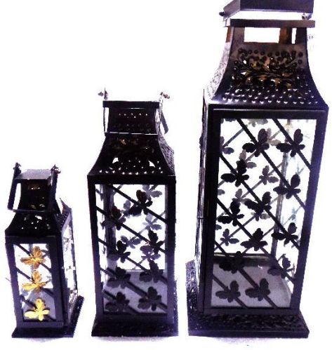 Polished Iron Set Of 3 Lanterns, For Decoration, Size : S- 4.5”x4.5”x13”, M- 7”x7”x18”