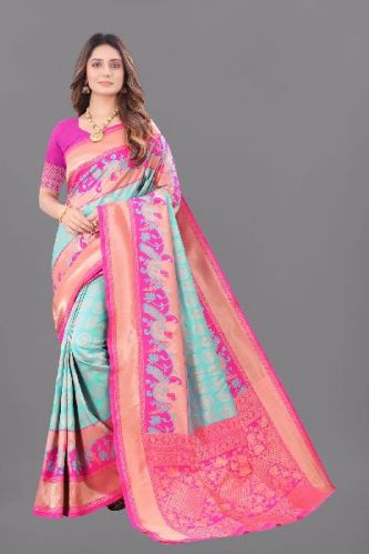 SUMSHY Jequard Soft Lichi Silk Saree, Packaging Type : Poly Bag