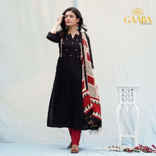 GAABA MYSTERIOUS BLACK KURTA DUPATTA SET, Technics : Handloom