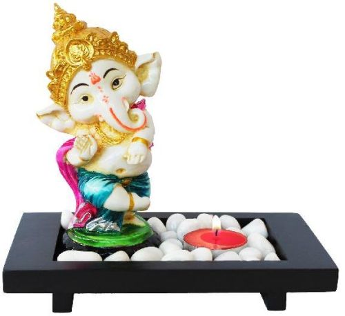 Dancing Ganesha Idol With Wooden Tray, Color : Multicolor