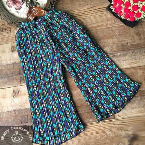 Blue Pleated Floral Palazzo Pants, Occasion : Party/Casual