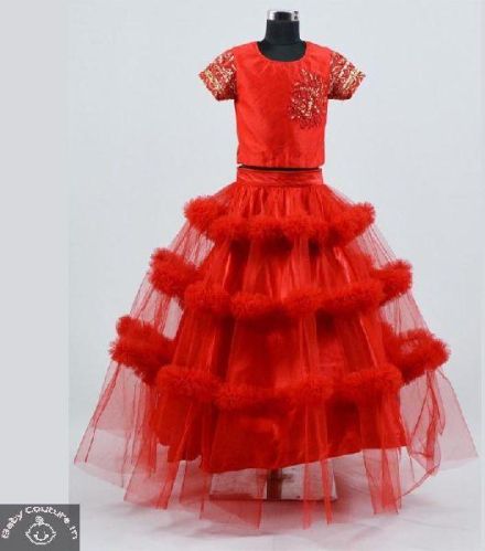 Embroidered Girls Top With Net Frilled Skirt