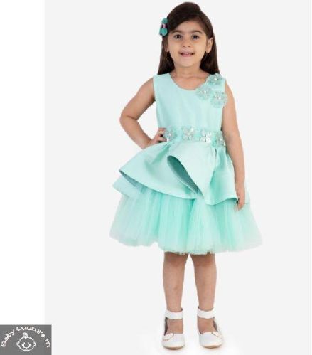 Miakki Satin Net Floral Embellished Girls Dress, Color : Pastel Green