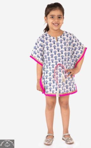 Lil Peacock Cotton Girls Kaftan, Color : White