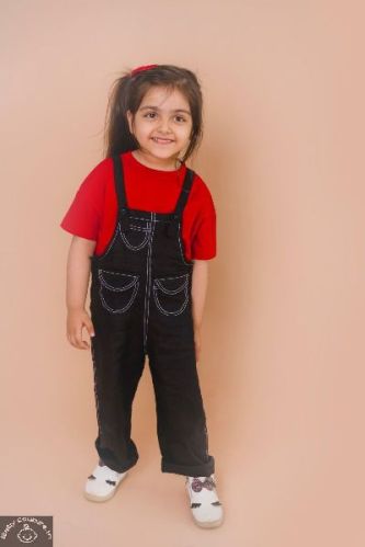 Girls Red Tee With Black Linen Dungaree