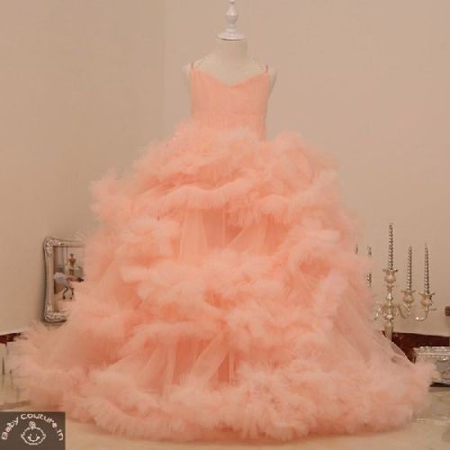 Net Satin Peach Fluffy Princess Gown, Occasion : Party Wear