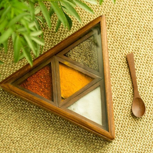 Handicrafts Goods Polished Wooden Triangle Spice Box, Size : 7x7 Inch