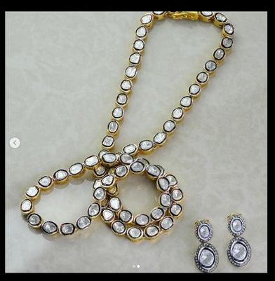 Polki Studded Long Necklace With Earring, Occasion : Party Wear