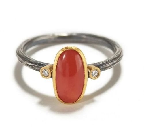 6.15ct 925 Silver Certified Italian Natural Red Coral Ring Moonga CZ Gemstone