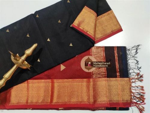 Maheshwari Black Tringle Buti Saree, Feature : Dry Cleaning