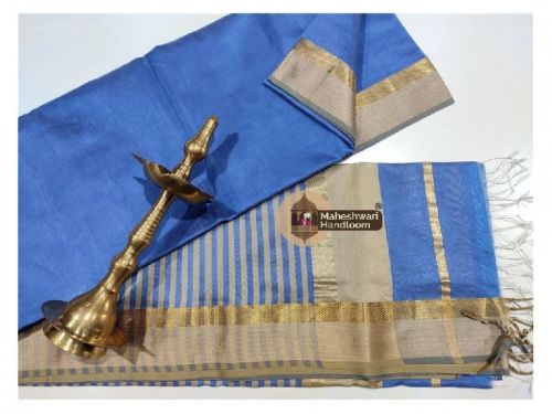 Maheshwari Blue Resham Thread Border Saree, For Dry Cleaning, Technics : Hand Made