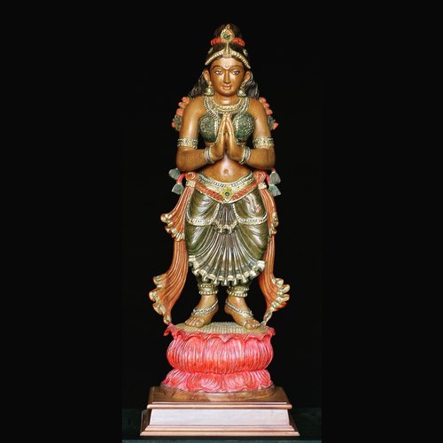 Teak Wood Painted Lady Statue