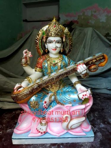 Multicolor Marble Saraswati Mata Statue, For Worship, Pattern : Printed