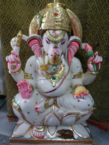 Polished White Marble Ganesh Statue, Packaging Type : Thermocol Box