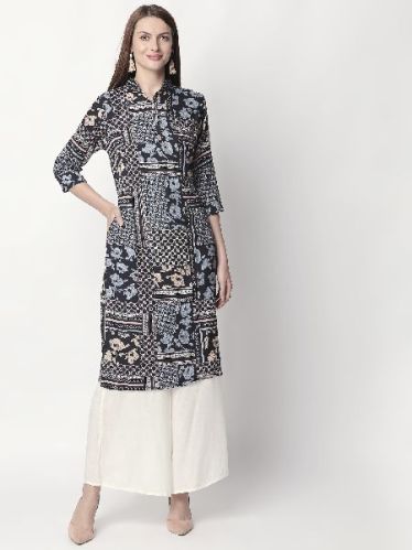 Asymmetrical Grey Floral Print Black Kurti, Size : XL, XXL, XXXL