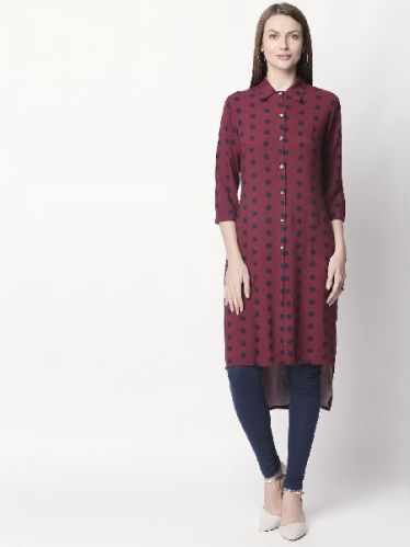 Red Collar Kurti With Polka Dots, Size : M, XL, XXL, XXXL