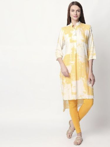 White With Yellow Floral Print Kurti, Size : M, S, XL, XXL, XXXL
