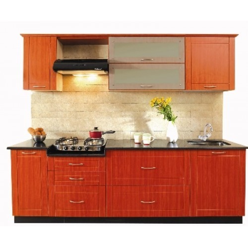 Polished Wooden Straight Line Modular Kitchen, For Home, Hotel, Restaurent, Feature : Attractive Designs