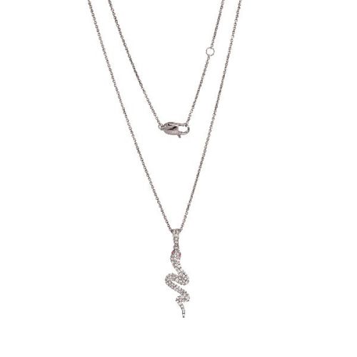 Sterling Silver Snake Diamond Pendant With Chain With Ruby Eyes
