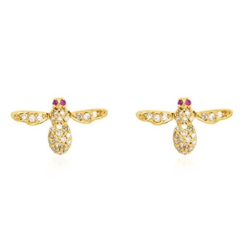 Yellow Gold Diamond Bee Studs With Ruby Eyes