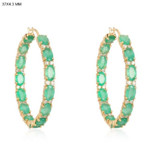 Yellow Gold Emerald Diamond Hoop Earrings