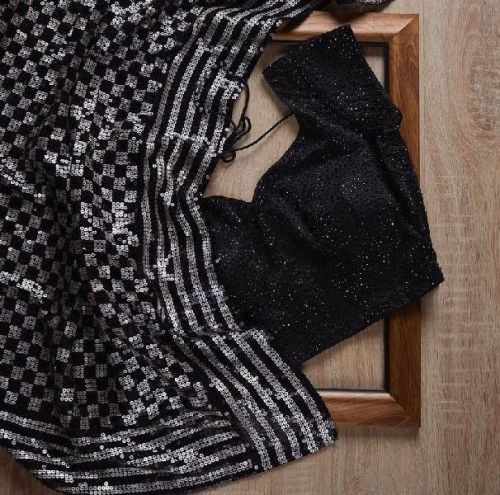 Net Handloom Unstitched Black Square Sarees, Saree Length : 6.3 Meter