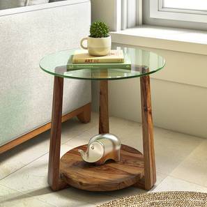 Solid Wood Glass Top Side Table, Shape : Round