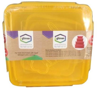 Gluman Square Yellow Food Plastic Container, Pattern : Plain