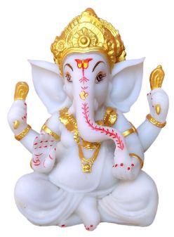 Ganesha Vighnaharta Marble Statue, Color : White Golden