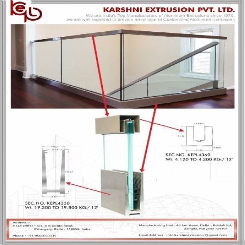 KARSHNI EXTRUSION Polished Aluminium Glass Railing, Length : 12ft, 15ft