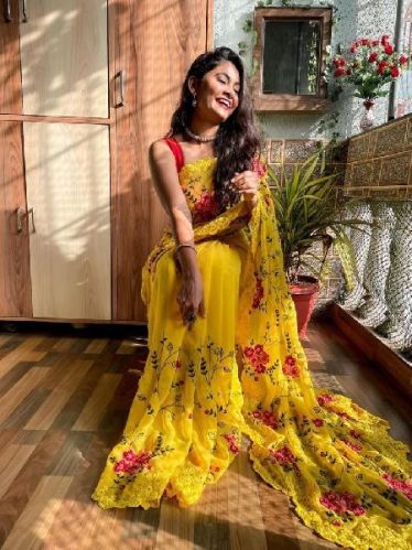 Unstitched Georgette Printed Saree, For Easy Wash, Dry Cleaning, Anti-Wrinkle, Shrink-Resistant, Age Group : Girls