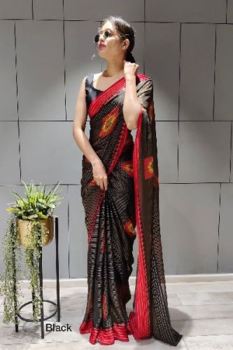 Rpd Fashion Georgette Satin Stripe Saree, Packaging Type : Poly Bag