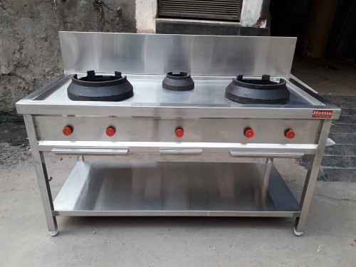 Three Burner Cooking Range With Backsplash, For Commercial, Color : Silver