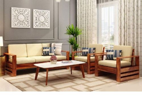 Sarcraft Furniture Polished Plain Wood Living Room Sofa Set, Feature : High Strength