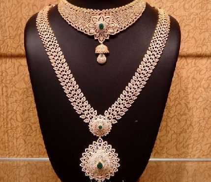 Polished Designer CZ Necklace Set, Packaging Type : Plastic Box, Velvet Box, Wooden Box
