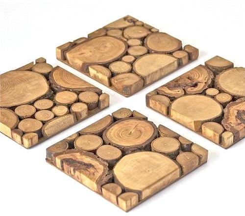 Round Wooden Coaster Set, For Tableware, Size : 7x7cm, 8x8cm, 9x9cm