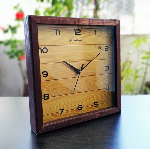 Pixel Buddy Square Pine Wood Wall Clock, Color : Multi