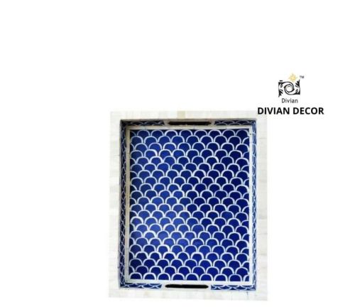 Divian Decor Rectangle Polished Bone Inlay Serving Tray, Size : 18x14x2 Inches