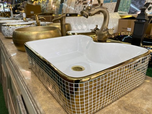 24x7 eMall Rectangular Ceramic Table Top Wash Basin, Color : Golden