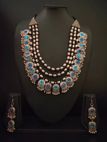 3 Layer Blue Stones Oxidised Silver Necklace Set