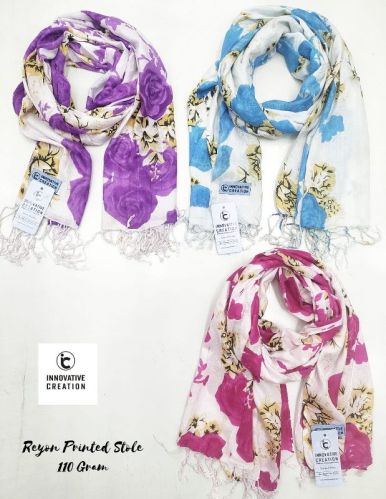 Glossy Finish 100% Viscose/Reyon 110 Gram Floral Print Stole- Barabanki, Width : 70cm