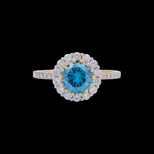 Treated CVD Stone Round 1.55ct VS Clarity 14k White Gold Halo Blue Diamond Ring