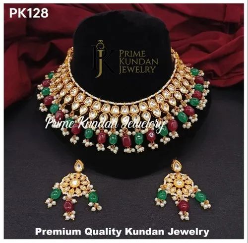 Brass Finishing PK128 Kundan Necklace Set, Occasion : Weeding Wear
