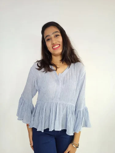 Ladies Blue Wrinkled Chiffon Peplum Top, Size : XL